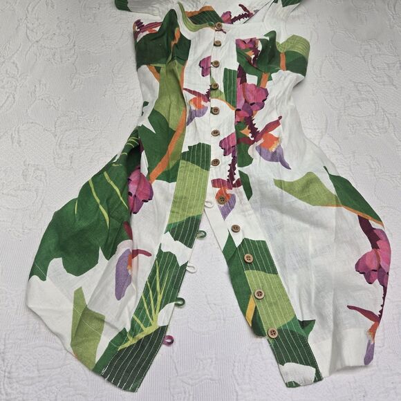Farm Rio Womens White Tropicalistic Linen Button Mini Dress Medium Floral Beachy - Picture 2 of 13